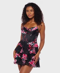 Alex & Sophia Juniors' Tiered Satin Skirt Corset Draped Neck Dress