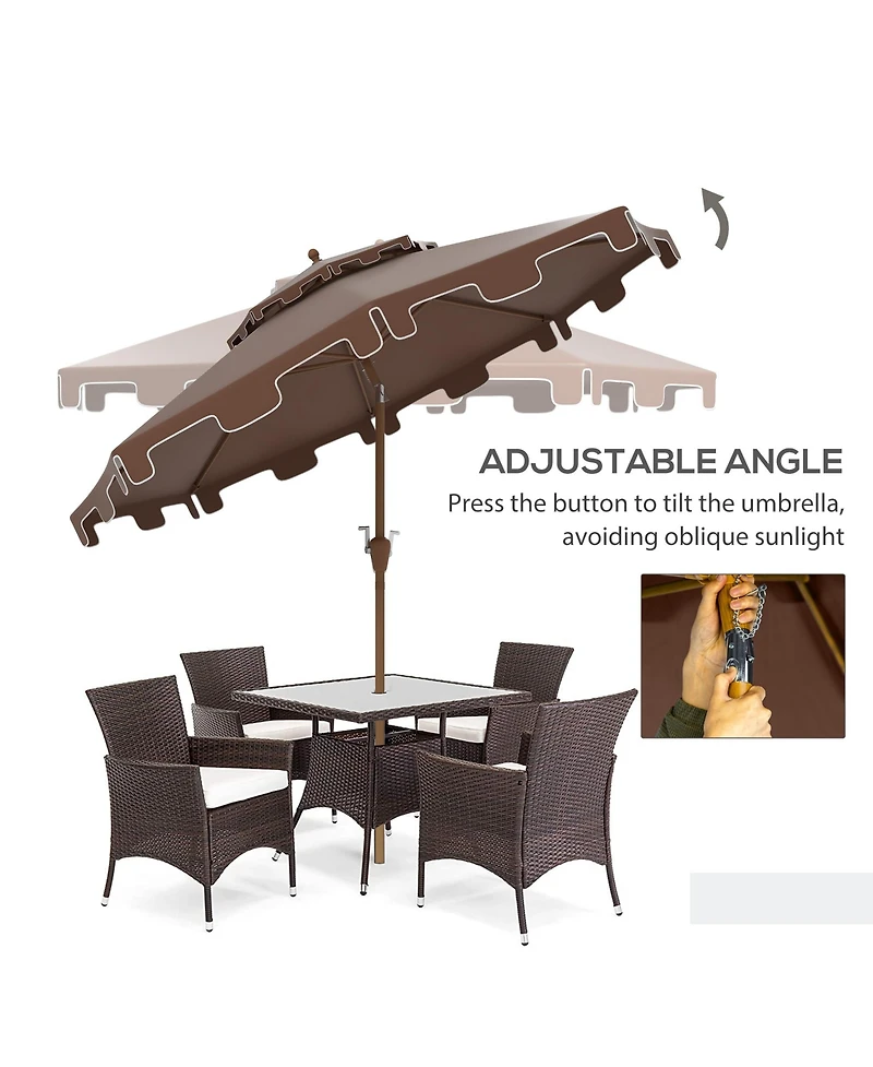 9' Patio Umbrella with Push Button Tilt and Crank, Double Top Ruffled Outdoor Market Table Umbrella with 8 Ribs