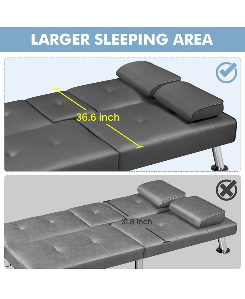 Yaheetech Faux Leather Convertible Futon Sofa Bed with 2 Throw Pillows