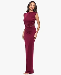 Betsy & Adam Women's Mock-Neck Ruched Sheer-Inset Long Sheath Dress