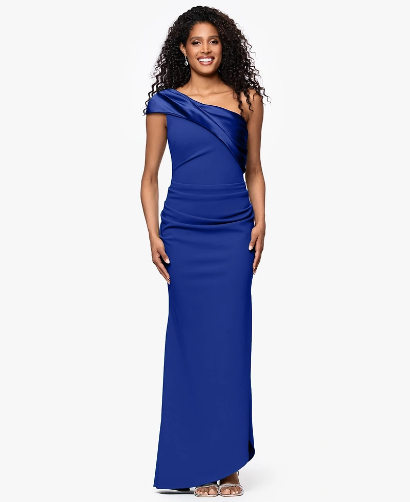 Betsy & Adam Women's One-Shoulder Asymmetrical-Hem Long Sheath Dress