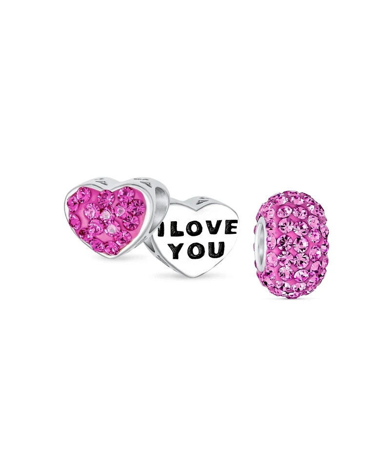 Bling Jewelry Set of 2 I Love You Princess Heart & Solid Pink Crystal Bead Charm Sterling Silver for Bracelet