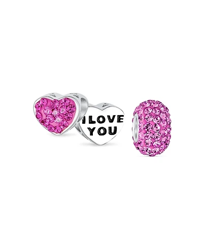 Bling Jewelry Set of 2 I Love You Princess Heart & Solid Pink Crystal Bead Charm Sterling Silver for Bracelet