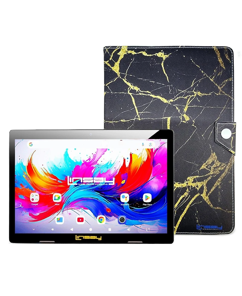 Linsay 10.1"Octa Core 256GB Storage Android 15 Tablet with Black and Golden Marble Case