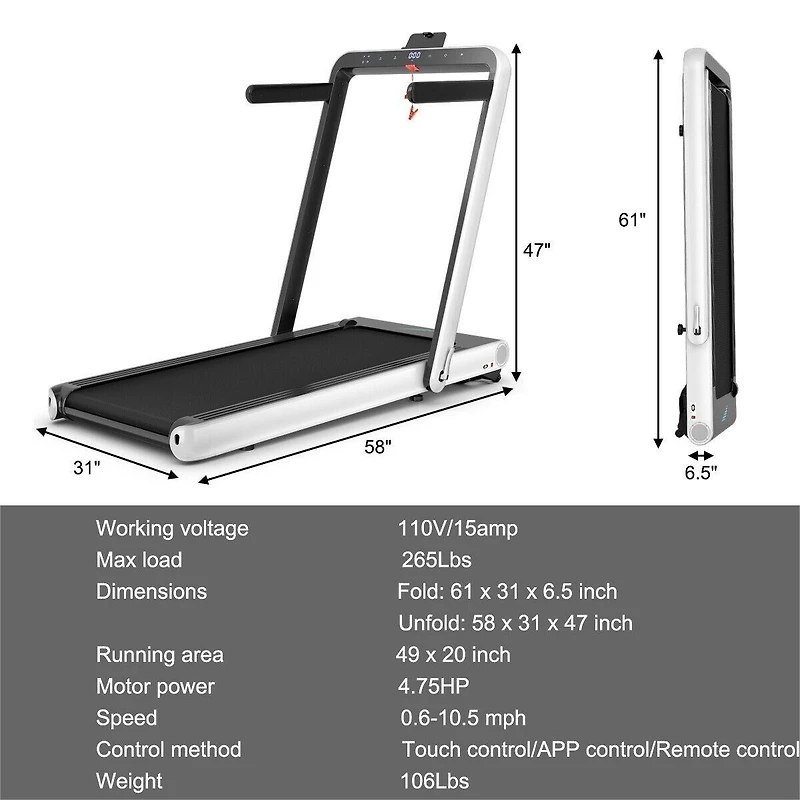4.75HP 2 In 1 Folding Walking Pad Treadmill with Remote App Control
