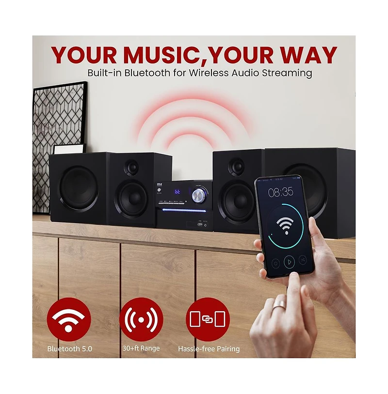 Pyle 3-Piece Wireless Bt Streaming Stereo System – MP3, Usb, Fm Radio, Bass Reflex Speaker, Remote & 2 Wireless Microphones (Black)