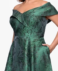 Xscape Plus Off-The-Shoulder Metallic Jacquard Ball Gown
