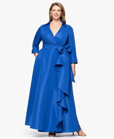 Betsy & Adam Plus Long-Sleeve Tie-Waist Long Dress
