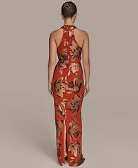 Donna Karan New York Women's Floral Sequined Sleeveless Cowlneck Gown