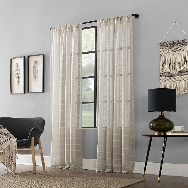 Twill Stripe Anti-Dust Linen Blend Sheer Curtain Panel