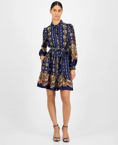 Anne Klein Women's Printed Satin Ruffle-Hem Shirt Dress