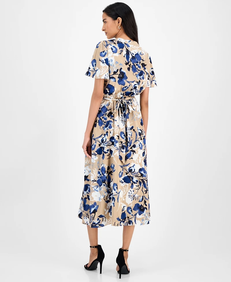Kasper Floral-Print Tie-Waist Midi Dress, Regular & Petite