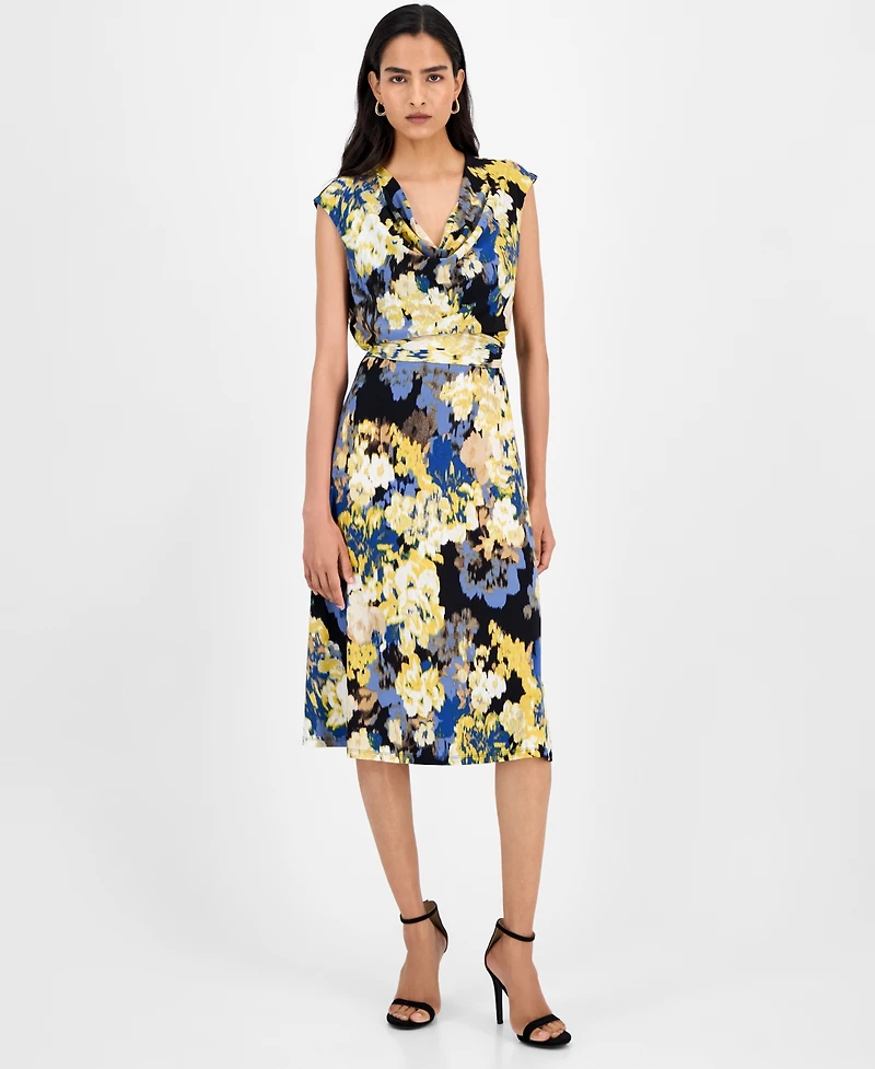 Kasper Women's Printed Cowlneck Tie-Waist Midi Dress