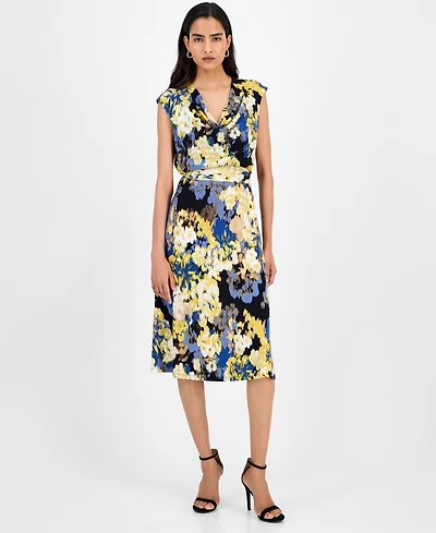 Kasper Women's Printed Cowlneck Tie-Waist Midi Dress
