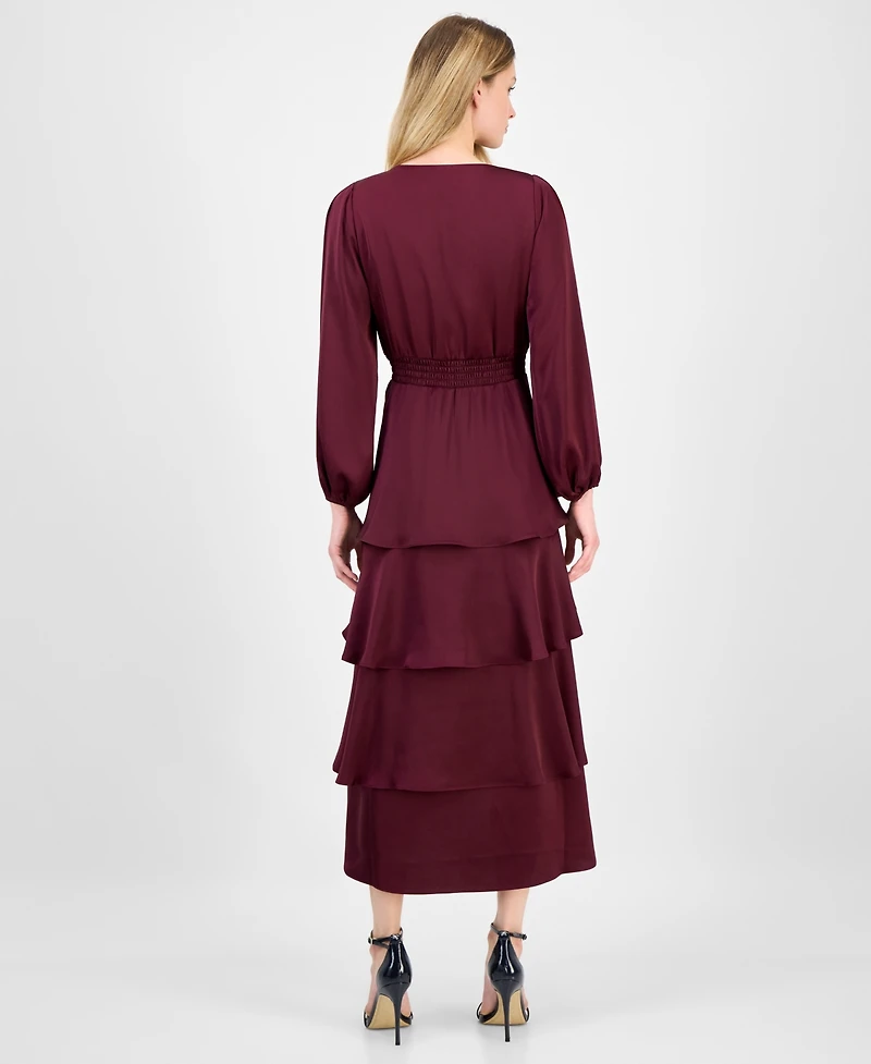 Anne Klein Women's Satin Surplice-Neck Tiered Midi Dress