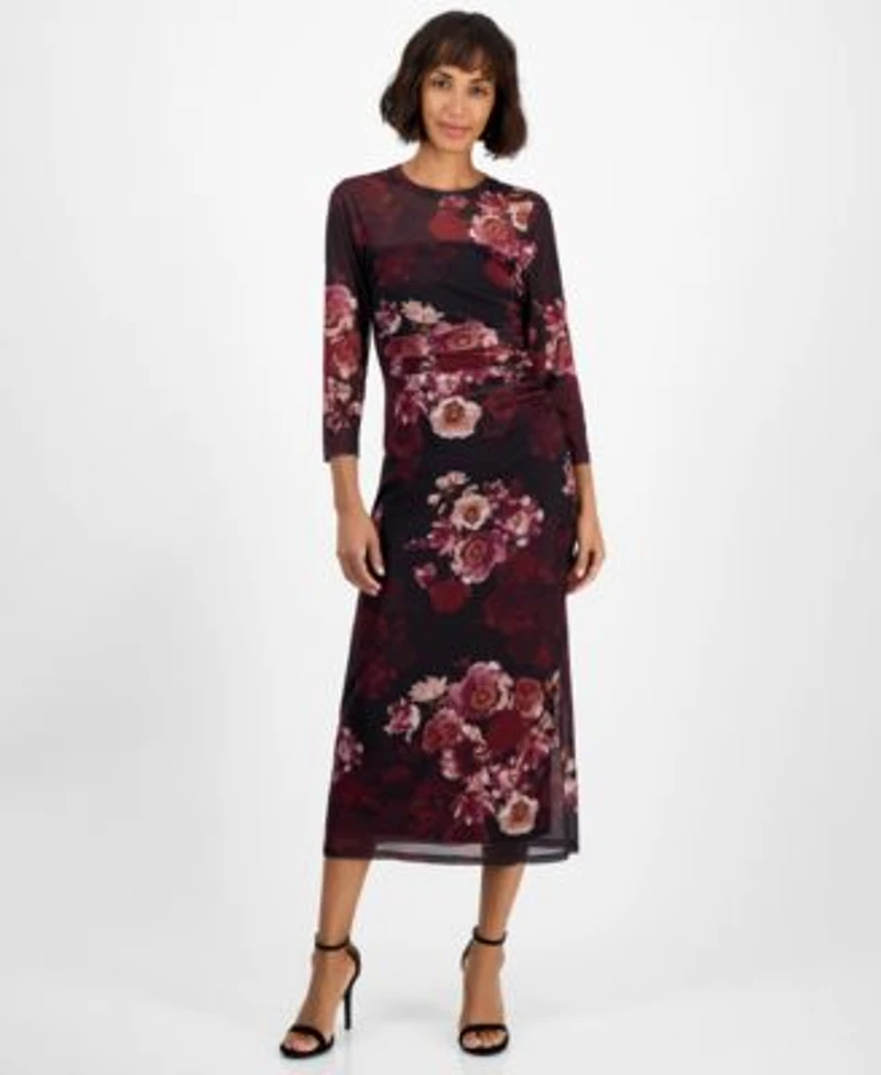 Anne Klein Womens Printed Triple Mesh Side Ruched Midi Dress P S Xl