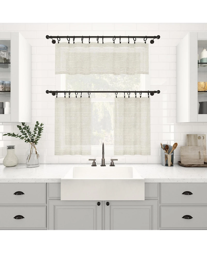 Textured Slub Stripe Anti-Dust Linen Blend Sheer Cafe Curtain Pair