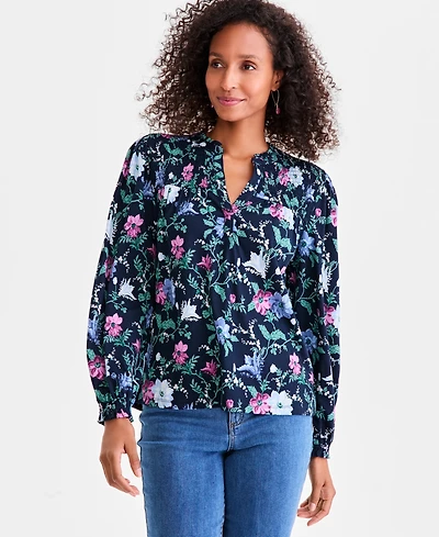 Style & Co Women's Printed Ruffled Smocked-Yoke Top, Macy's Exclusive