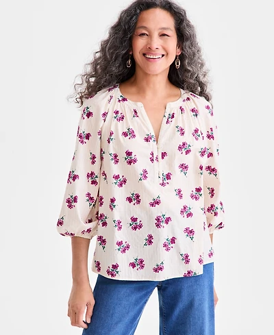 Style & Co Women's Printed Button-Front Raglan-Sleeve Lurex Top, Macy's Exclusive