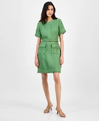 Tahari Asl Women's Bow-Belt Frayed-Edge Short-Sleeve Dress