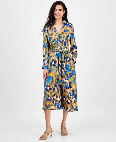 Tahari Asl Women's Printed V-Neck Tie-Waist Midi Dress