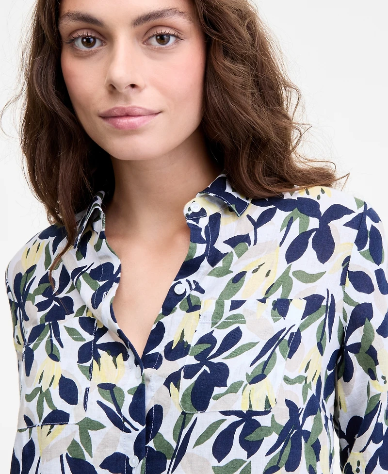 Charter Club Women's Floral-Print Roll-Tab 100% Linen Shirt, Macy's Exclusive