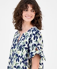Charter Club Women's 100% Linen Floral-Print Tie-Sleeve Top, Macy's Exclusive