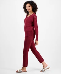 Jm Collection Petite Lace-Up Shoulder V-Neck Sweater, Macy's Exclusive