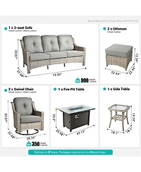 Xizzi 7 Piece Outdoor Patio Furniture with 42 inch Fire Pit,Swivel Rocking Chairs Coversation Set Comfy Sectional Sofa,Wicker Ottoman