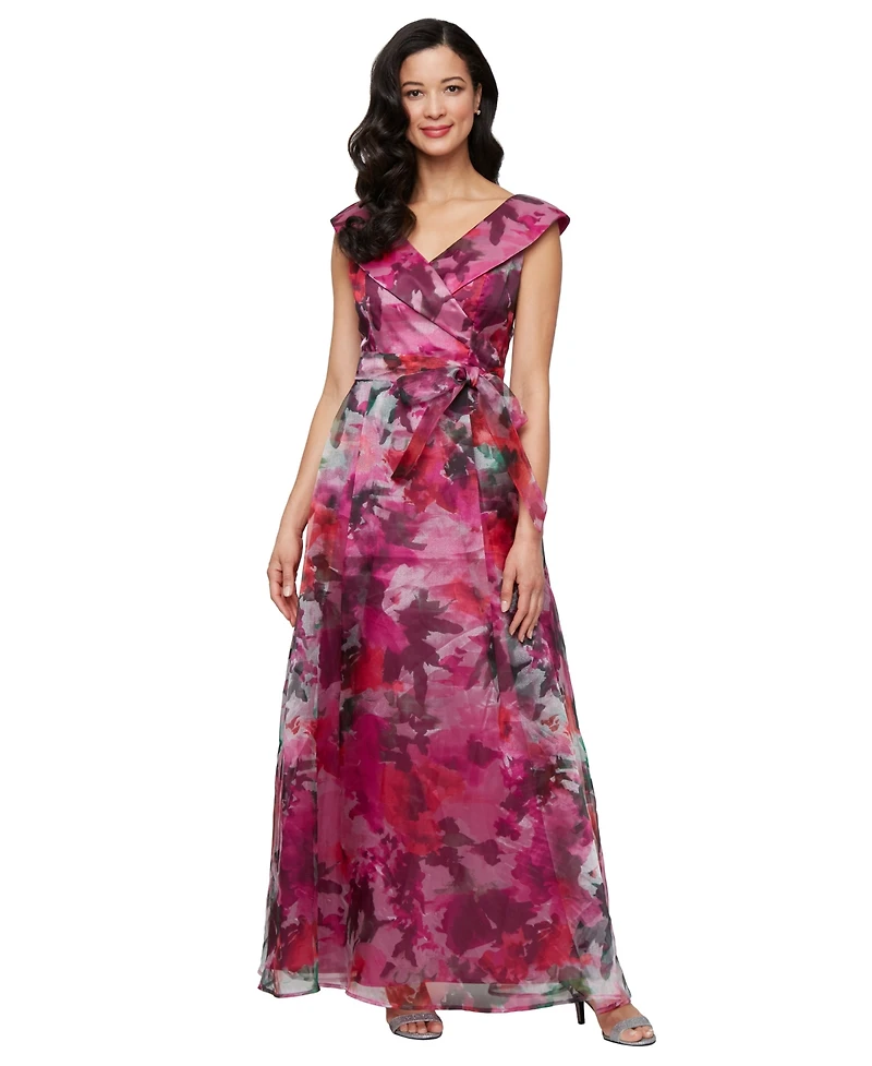 Alex Evenings Printed V-Neck Long A-Line Gown