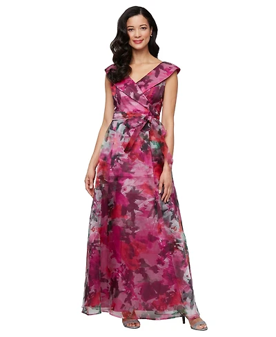 Alex Evenings Printed V-Neck Long A-Line Gown