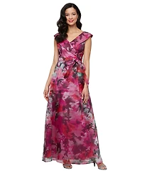 Alex Evenings Printed V-Neck Long A-Line Gown