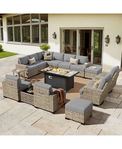 Xizzi15 Piece Outdoor Patio Furniture Sets with Fire Pit Table,Wicker Sectional Sofa Swivel Chairs,Solar Powered Coffee Table and Ottoman