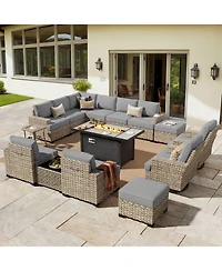 Xizzi15 Piece Outdoor Patio Furniture Sets with Fire Pit Table,Wicker Sectional Sofa Swivel Chairs,Solar Powered Coffee Table and Ottoman