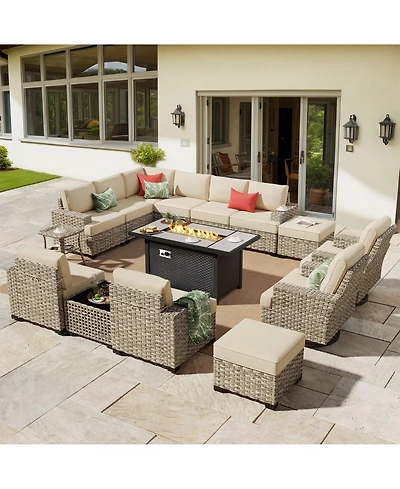 Xizzi15 Piece Outdoor Patio Furniture Sets with Fire Pit Table,Wicker Sectional Sofa Swivel Chairs,Solar Powered Coffee Table and Ottoman