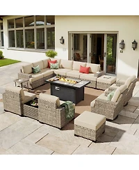 Xizzi15 Piece Outdoor Patio Furniture Sets with Fire Pit Table,Wicker Sectional Sofa Swivel Chairs,Solar Powered Coffee Table and Ottoman