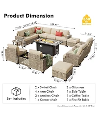 Xizzi15 Piece Outdoor Patio Furniture Sets with Fire Pit Table,Wicker Sectional Sofa Swivel Chairs,Solar Powered Coffee Table and Ottoman