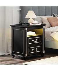 Vlsrka Nightstand with Charging Station, 3-Color Led & 2 Drawers