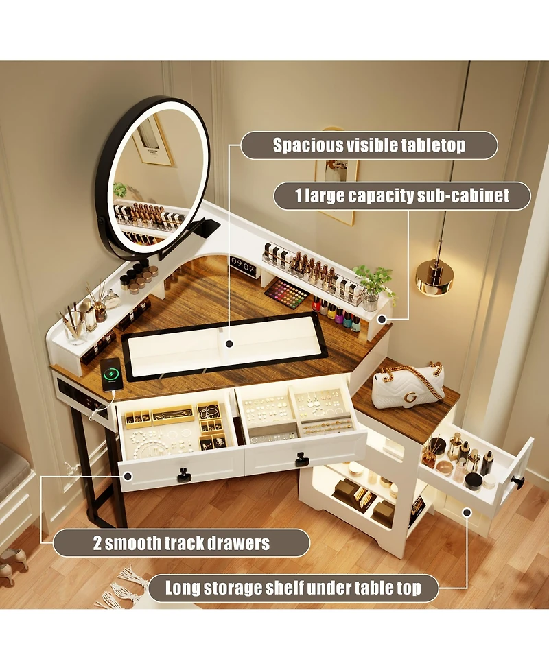 Vlsrka Farmhouse-style dressing table with mirror and lights, featuring a glass top.
