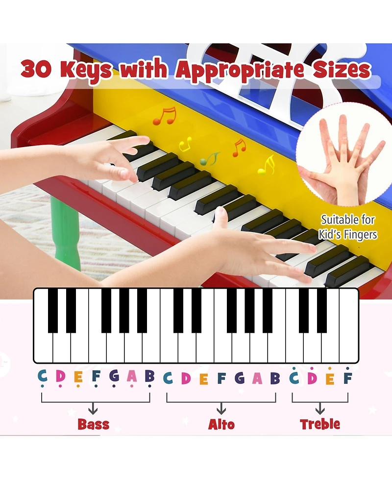30-Key Wood Toy Kids Grand Piano with Bench and Music Rack