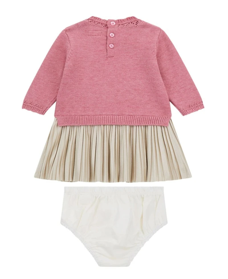 Guess Baby Girls 2-Piece Long Sleeve Mixed Fabric Dress and Coordinating Bloomer Set