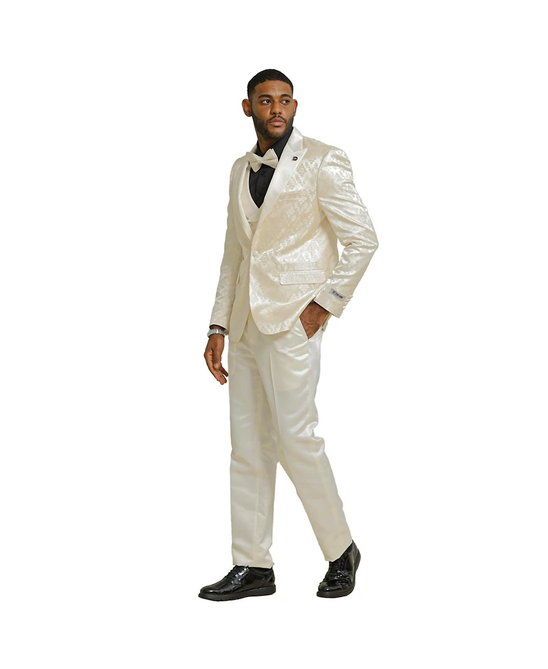 Stacy Adams Men's 3-Piece Paisley Jacket With Solid Vest And Pants Suit Notch Lapel