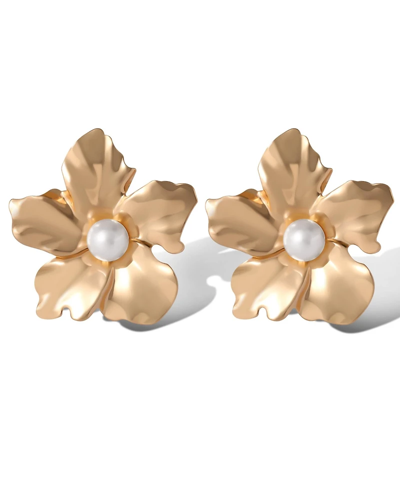 Jessica Simpson Statement Flower Earrings with Pearl Center in Gold-Tone