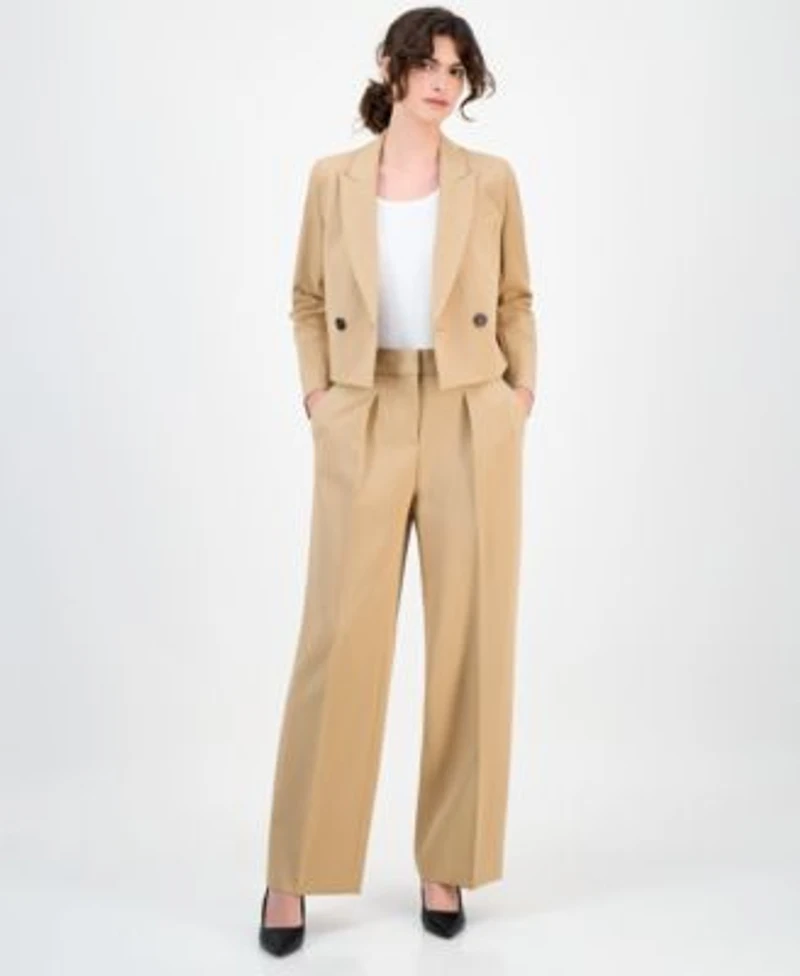 Anne Klein Womens Double Breasted Peak Lapel Ultra Fine Twill Cropped Jacket High Rise Pleated Wide Leg Ultra Fine Twill Pants