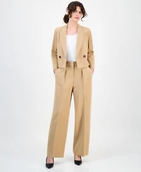 Anne Klein Womens Double Breasted Peak Lapel Ultra Fine Twill Cropped Jacket High Rise Pleated Wide Leg Ultra Fine Twill Pants