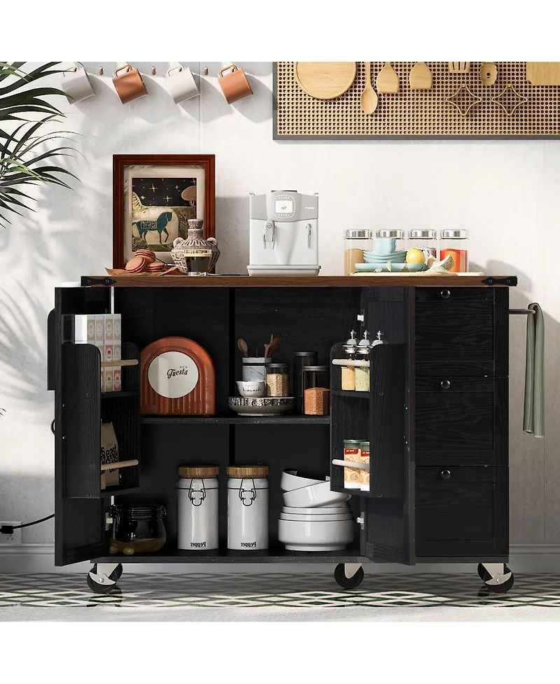 Casainc 54.5" Farmhouse Kitchen Island with Power Outlet, Drop Leaf, Spice Rack and Storage