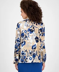 Kasper Floral-Print V-Neck Long-Sleeve Top, Regular & Petite