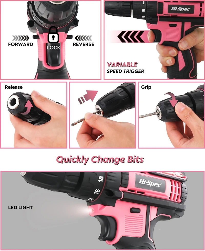 121-Piece Home Tool Set with 12V Cordless Drill – Pink and Black Diy Kit with Storage Case