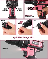 121-Piece Home Tool Set with 12V Cordless Drill – Pink and Black Diy Kit with Storage Case