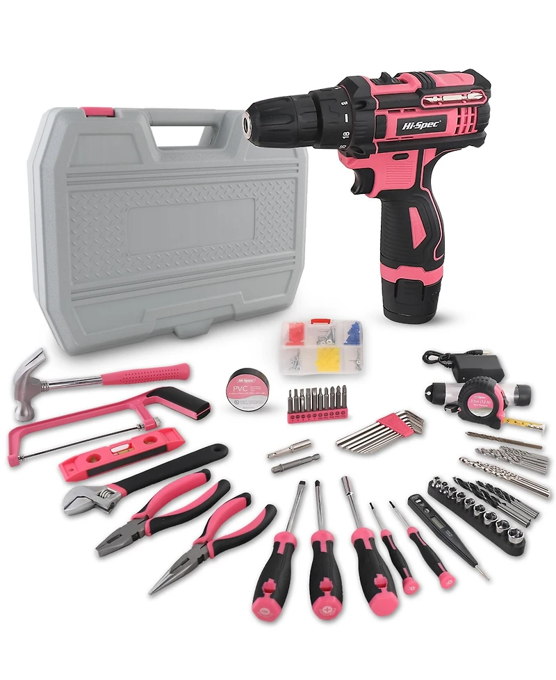 121-Piece Home Tool Set with 12V Cordless Drill – Pink and Black Diy Kit with Storage Case